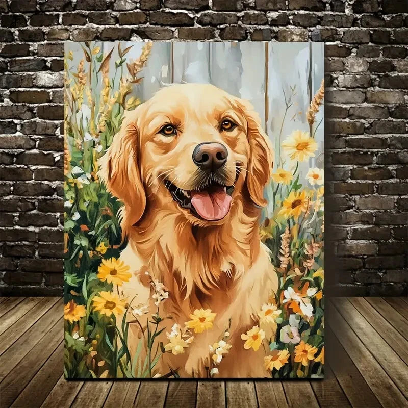 Golden Retriever in Flower Field Painting 40x60cm Metal Print Ready to Hang