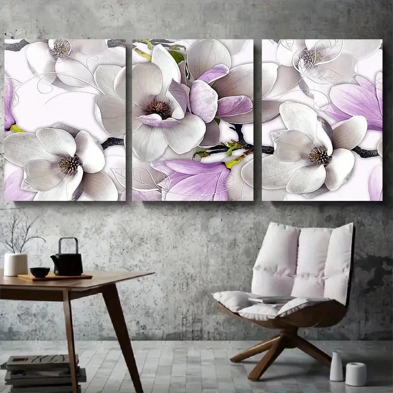 3pcs Elegant White Purple Magnolia Flower Metal Print Ready to Hang Art