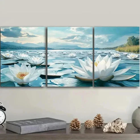 3pcs Water Lilies on Water Nature Beauty Perfect Wall Art Set Canvas Unframed - High Quality Print 100% Australian Made Wall Canvas