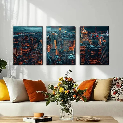3pcs Night Cityscape Glowing Urban Sky Perfect Wall Art Set Canvas Unframed - High Quality Print 100% Australian Made Wall Canvas