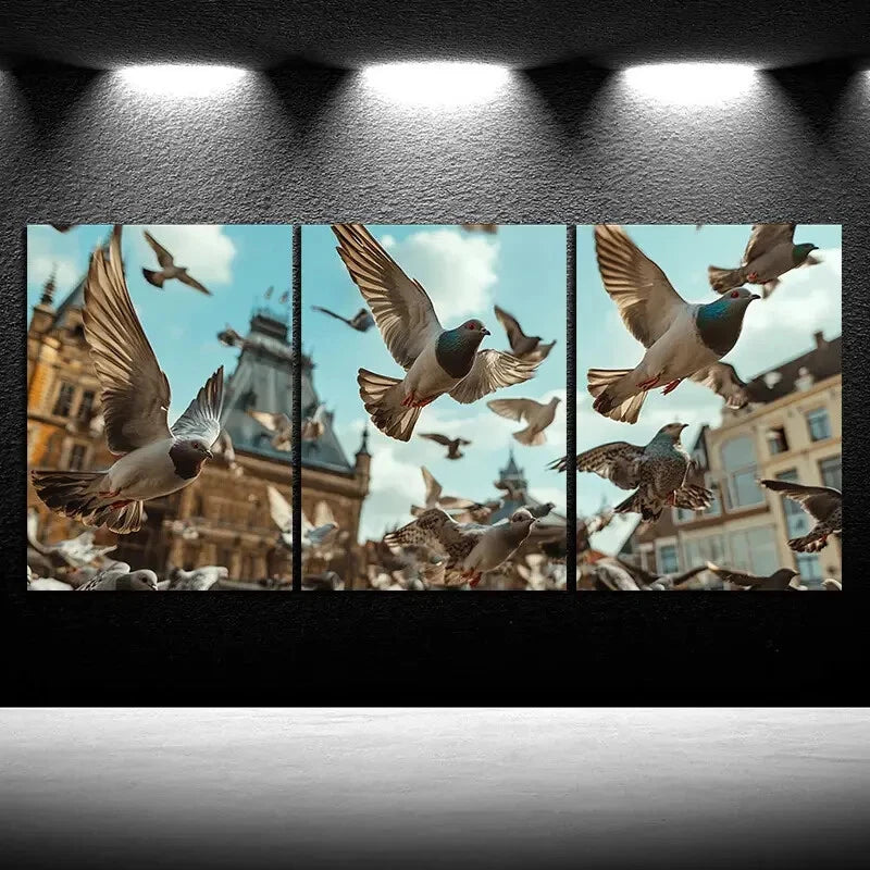 3pcs Pigeons On Buildings Square Metal Print Ready to Hang Art - Bella Home Decor