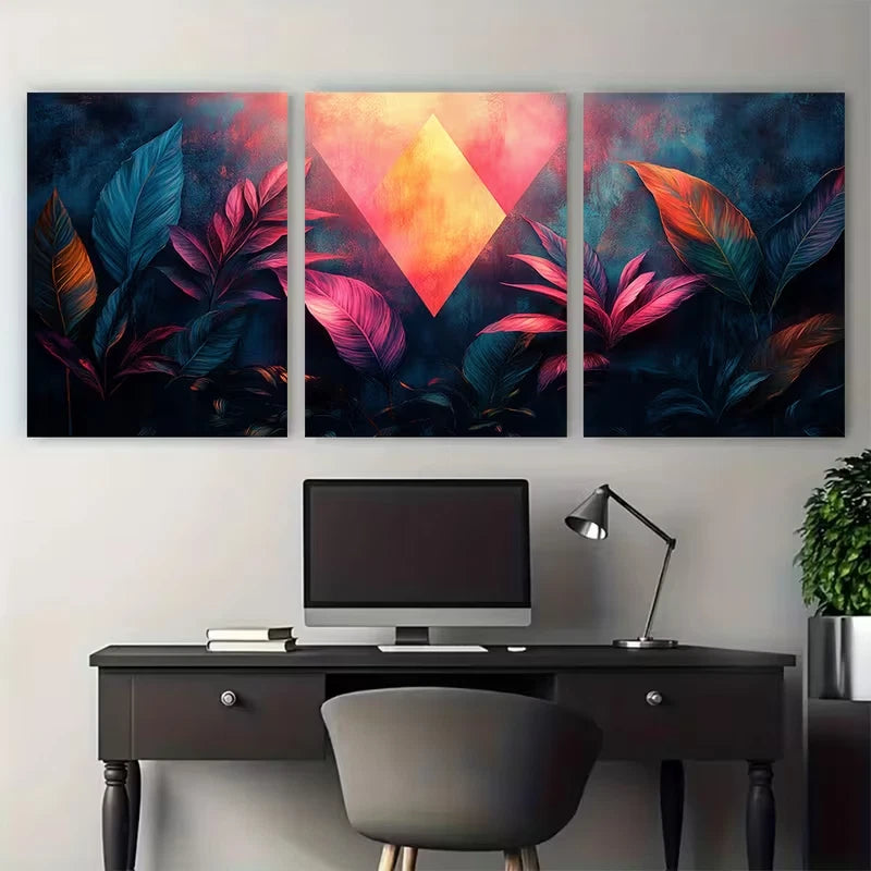 3pcs Tropical Pink Teal Leaves Exotic Jungle Wall Art Set Canvas Framed 40x60cm - High Quality Print 100% Australian Made Wall Canvas Ready to Hang
