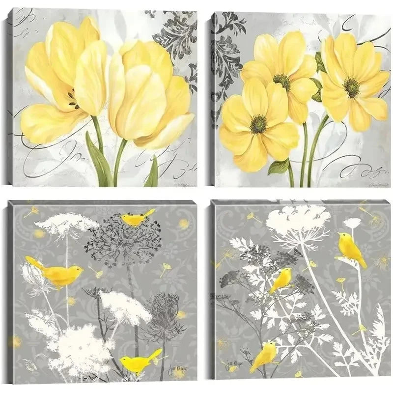 4pcs Yellow Gray Picture Wall Art Canvas Framed