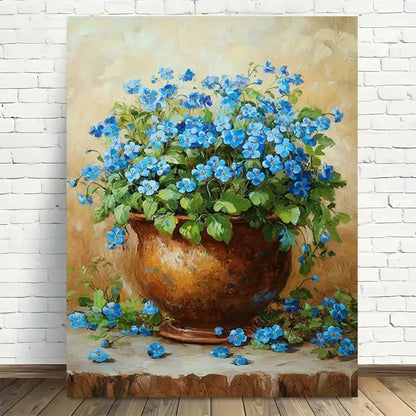 Beautiful Blue Flowers In Pot Painting 40x60cm Metal Print Ready to Hang