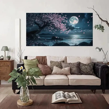 Cherry Blossom Moonlit Beach Wall Art Canvas Office Home Room Framed 120x60cm