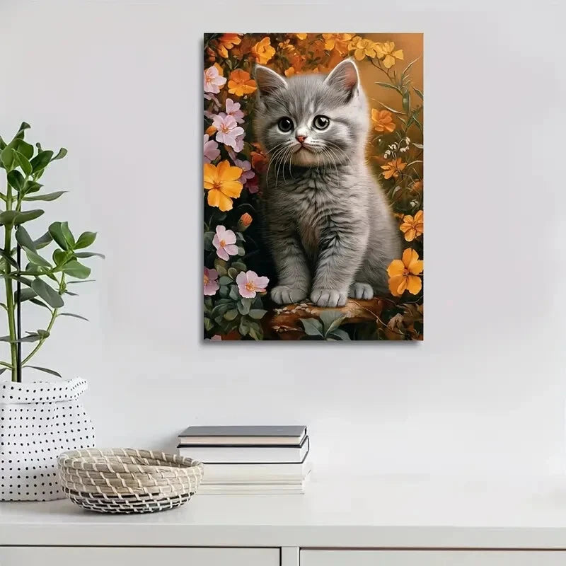 Adorable British Shorthair Kitten with Flowers & Plant 40x60cm Metal Print Ready to Hang - Bella Home Decor