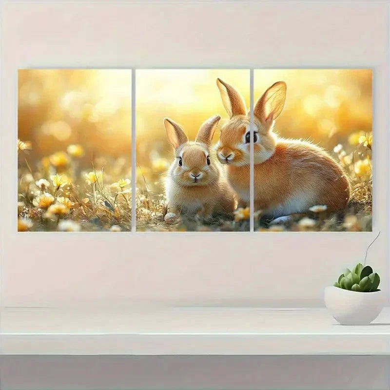3pcs Easter Bunny Spring Floral & Woodland T  Wall Art Set Canvas Framed 60x90cm - High Quality Print 100% Australian Made Wall Canvas Ready to Hang - Bella Home Decor