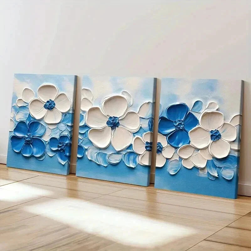 3pcs Abstract Elegant Blue & White Floral Wall Art Set Canvas Framed 50x70cm - High Quality Print 100% Australian Made Wall Canvas Ready to Hang - Bella Home Decor