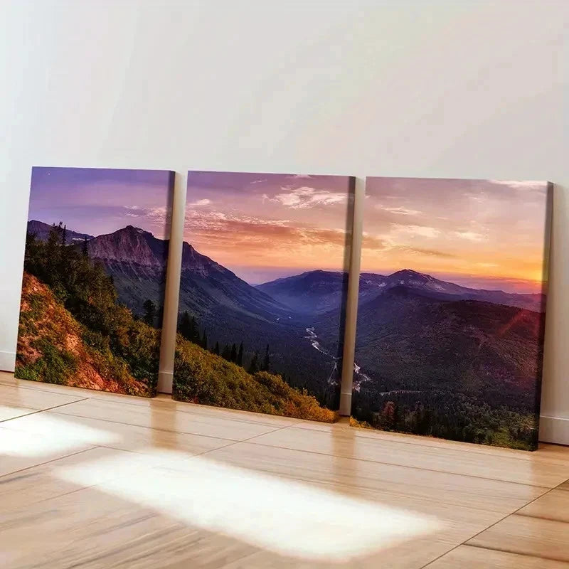 3pcs Valley Mountains and Sunset Modern Wall Art Set Canvas Framed 60x90cm - High Quality Print 100% Australian Made Wall Canvas Ready to Hang