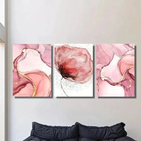 3pcs Abstract Gold Lined Pink Flowers & Design Wall Art Set Canvas Unframed - High Quality Print 100% Australian Made Wall Canvas - Bella Home Decor