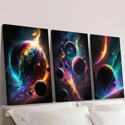 3pcs Colorful Space & Glowing Planets Wall Art Set Canvas Unframed - High Quality Print 100% Australian Made Wall Canvas - Bella Home Decor