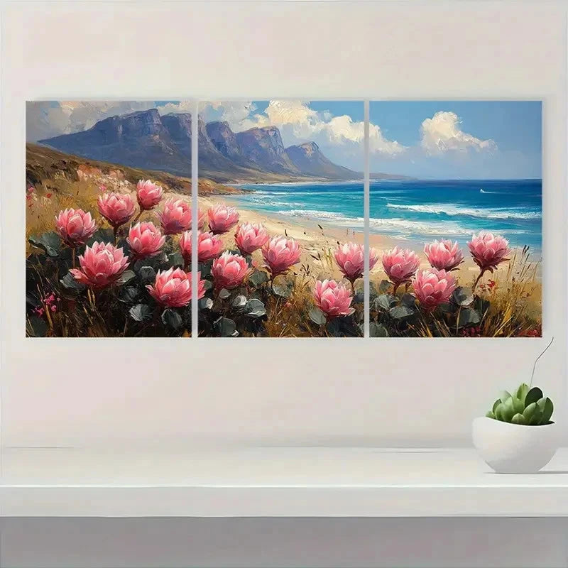 3pcs Flowers & Beach Landscape C   Wall Art Set Canvas Framed 40x60cm - High Quality Print 100% Australian Made Wall Canvas Ready to Hang - Bella Home Decor