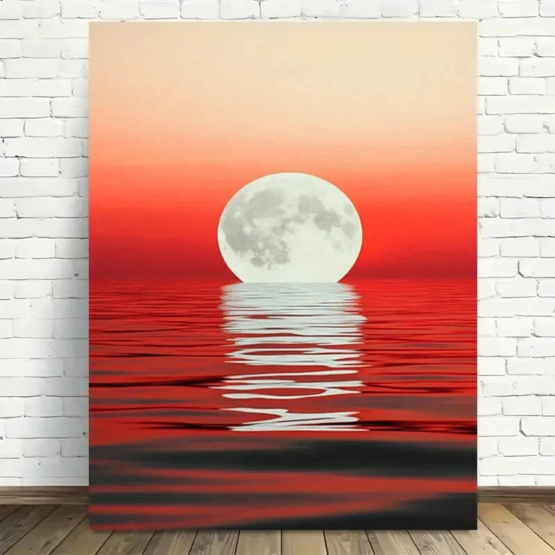 Beautiful Full Moon Reflection on Red Water Painting 40x60cm Metal Print Ready to Hang - Bella Home Decor
