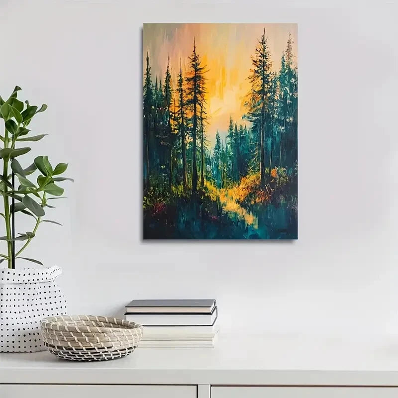 Vibrant Pine Forest Sunset with Winding Painting 40x60cm Metal Print Ready to Hang - Bella Home Decor