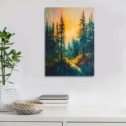 Vibrant Pine Forest Sunset with Winding Painting 40x60cm Metal Print Ready to Hang - Bella Home Decor