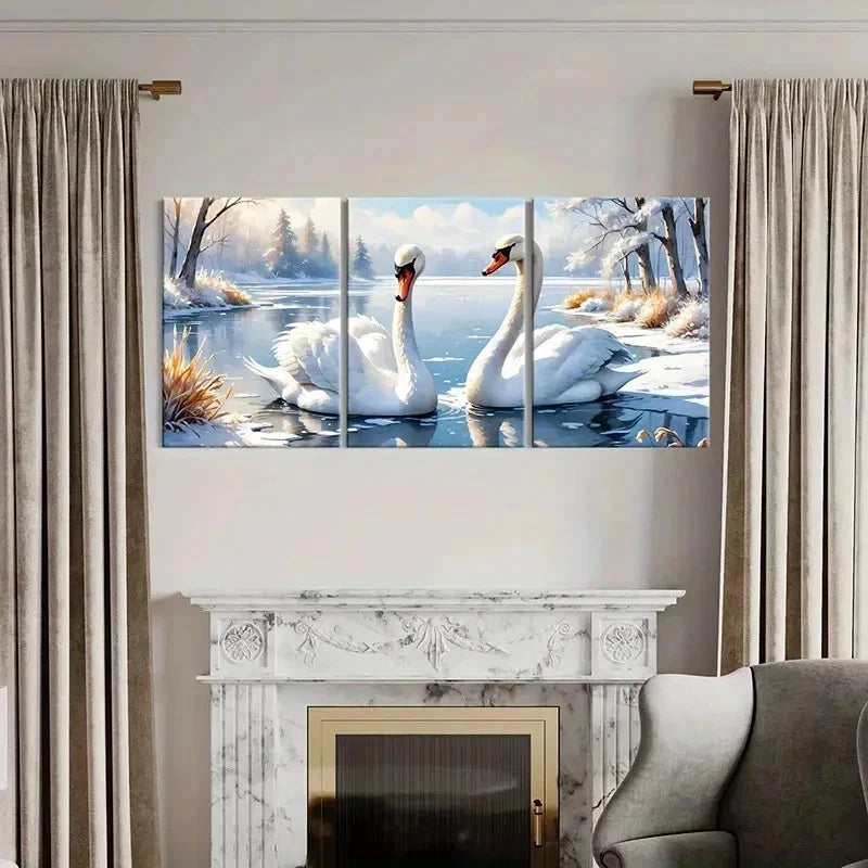 3pcs Two Swans In The Lake Vintage Wall Art Set Canvas Framed 60x90cm - High Quality Print 100% Australian Made Wall Canvas Ready to Hang