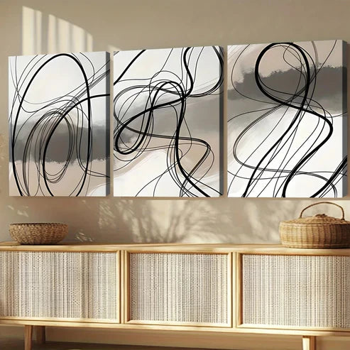 3pcs Black Swirls Gray Elegant Black Lines White Canvas Unframed - High Quality Print 100% Australian Made Wall Canvas - Bella Home Decor