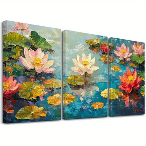 3pcs Decorative Lotus Flowers with Pink Petals Art Set Canvas Unframed - High Quality Print 100% Australian Made Wall Canvas
