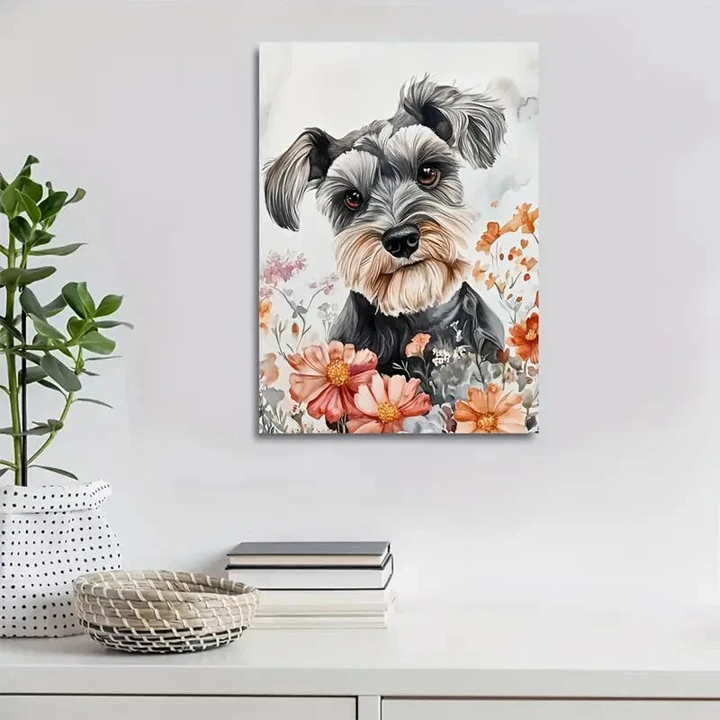 Flowers And Plants Cute Schnauzer Dog Painting 40x60cm Metal Print Ready to Hang - Bella Home Decor