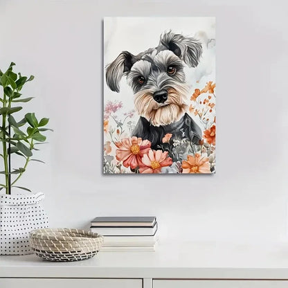 Flowers And Plants Cute Schnauzer Dog Painting 40x60cm Metal Print Ready to Hang - Bella Home Decor