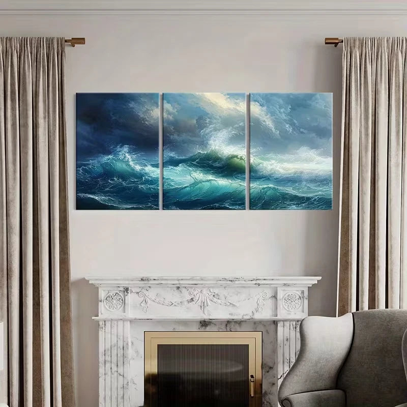 3pcs Turquoise Blue Stormy Seascape   Wall Art Set Canvas Framed 40x60cm - High Quality Print 100% Australian Made Wall Canvas Ready to Hang