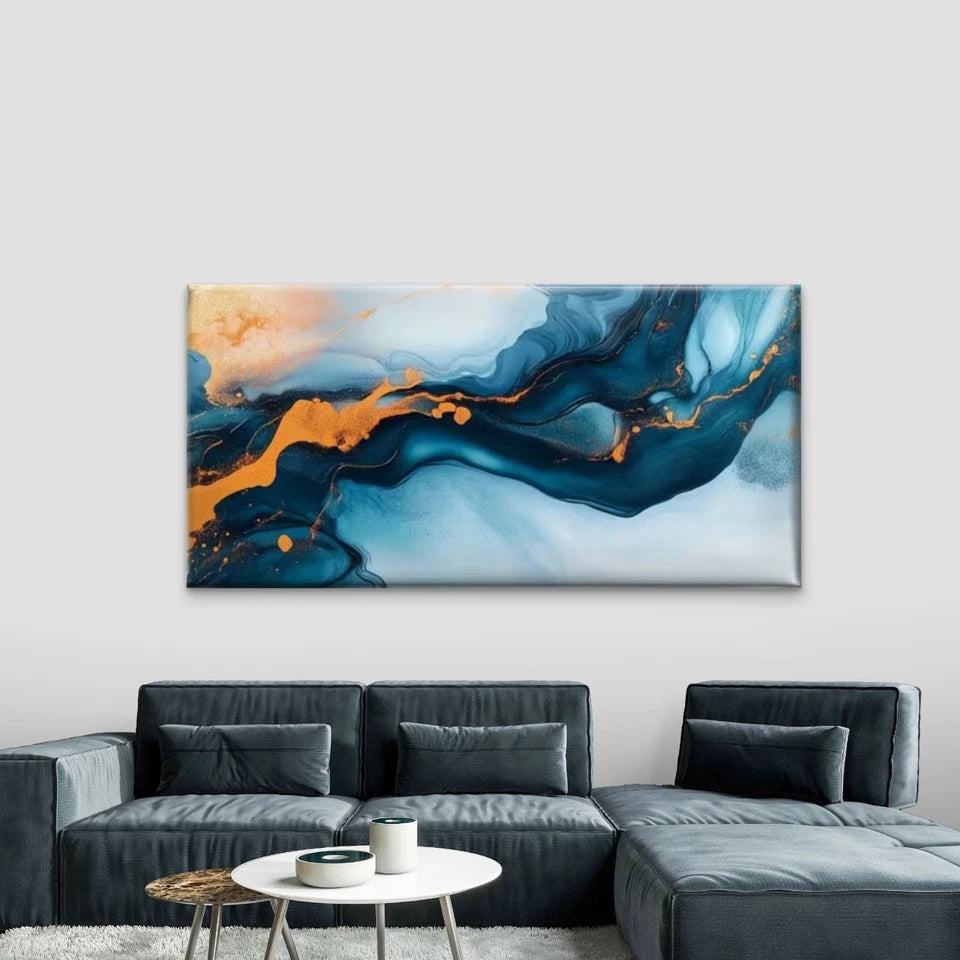 Blue, Orange & White Swirl  Wall Art Canvas Office Home Room Framed 120x60cm