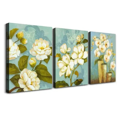 3pcs Teal Background & White Flowers Art Set Canvas Unframed - High Quality Print 100% Australian Made Wall Canvas