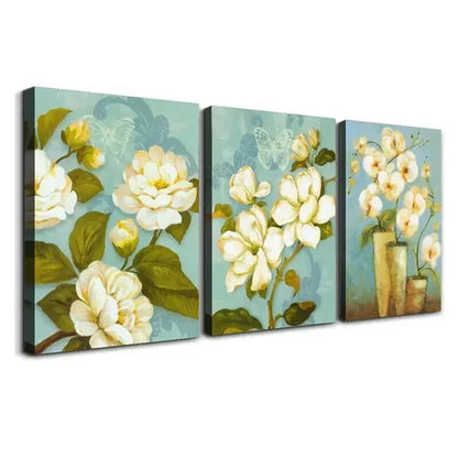 3pcs Teal Background & White Flowers Art Set Canvas Unframed - High Quality Print 100% Australian Made Wall Canvas