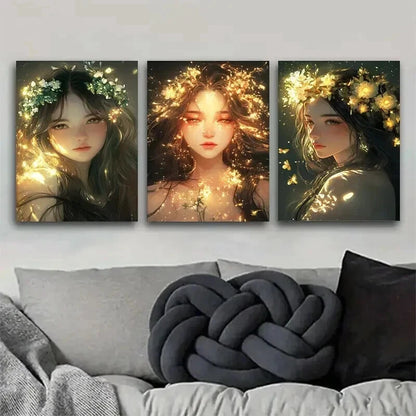 3pcs Glowing Floral Crown Girl Portrait Perfect Wall Art Set Canvas Framed 50x70cm - High Quality Print 100% Australian Made Wall Canvas Ready to Hang - Bella Home Decor