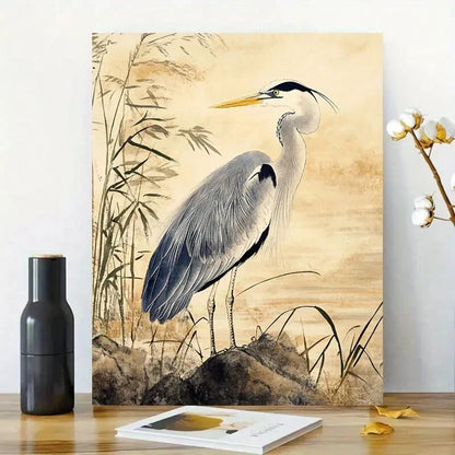 There Is an Elegant Gray Heron Standing on Grassy Rock 40x60cm Metal Print Ready to Hang