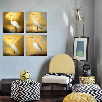 4pcs Bird art Golden vintage Wall Art Canvas Framed