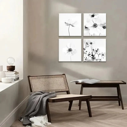 4pcs Black And White Square Wall Art | Botanical Wall Art Canvas Framed