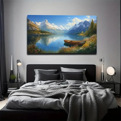 Serene Mountain Lake Scene Wall Art Canvas Office Home Room Framed 120x60cm