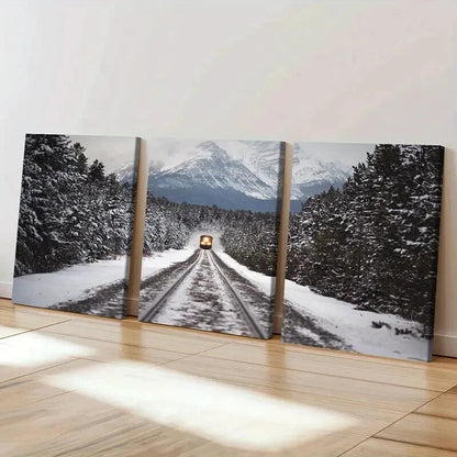 3pcs Snow Scene Steam Train Modern Vehicle Wall Art Set Canvas Framed 50x70cm - High Quality Print 100% Australian Made Wall Canvas Ready to Hang - Bella Home Decor
