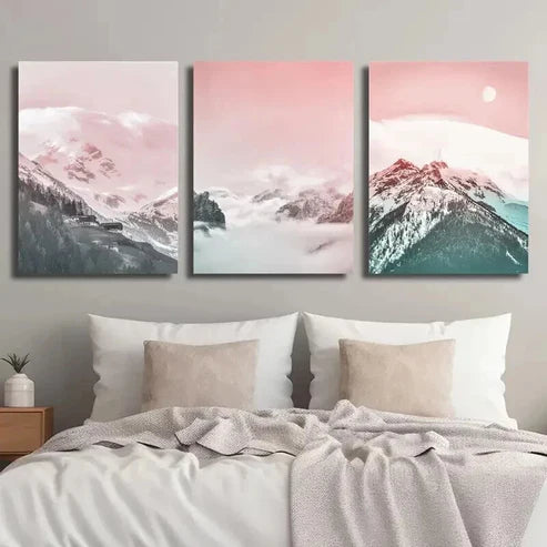 3pcs Blush Pink Mountain Range Nature Wall Art Set Canvas Unframed - High Quality Print 100% Australian Made Wall Canvas - Bella Home Decor