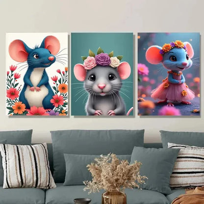 3pcs Charming Mouse Cute Animal Picture Wall Art Set Canvas Unframed - High Quality Print 100% Australian Made Wall Canvas - Bella Home Decor