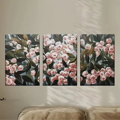 3pcs a painting of pink flowers on a blue Wall Art Set Canvas Framed 60x90cm - High Quality Print 100% Australian Made Wall Canvas Ready to Hang - Bella Home Decor