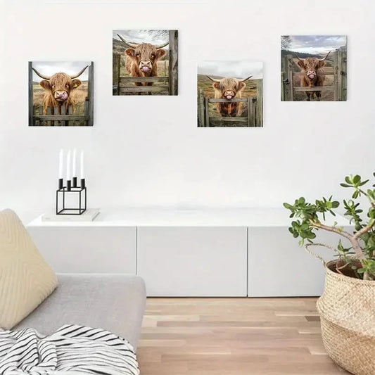 4pcs Charming Highland Cow Wall Art Canvas Framed