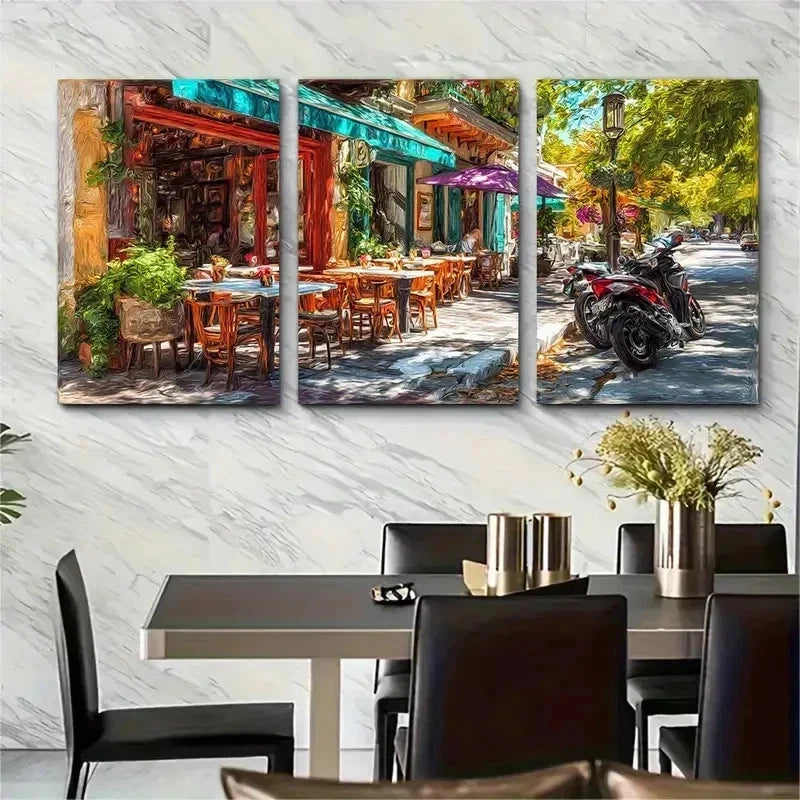 3pcs Street Cafe Perfect Wall Art Set Canvas Framed 50x70cm - High Quality Print 100% Australian Made Wall Canvas Ready to Hang
