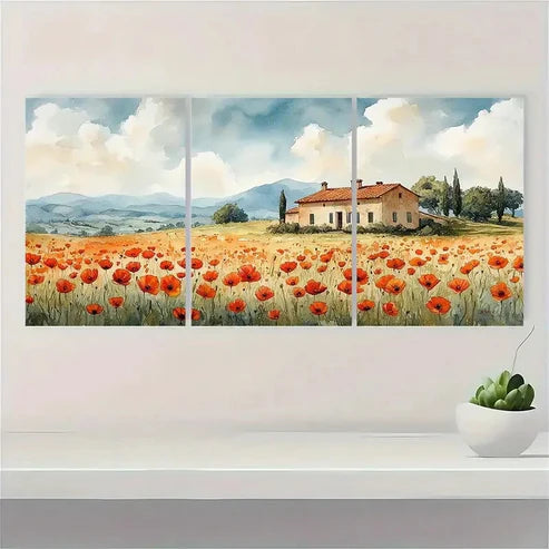 3pcs Tuscany Wildflower Poppies Field Perfect Wall Art Canvas Unframed - High Quality Print 100% Australian Made Wall Canvas