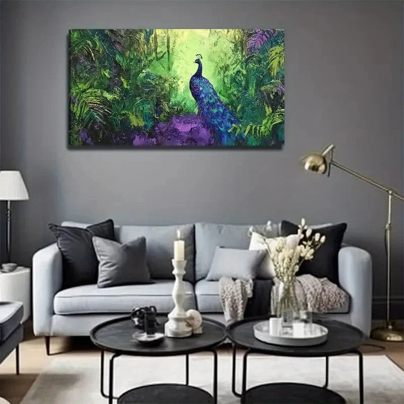 Vibrant Peacock In Green Forest Wall Art Canvas Office Home Room Framed 120x60cm