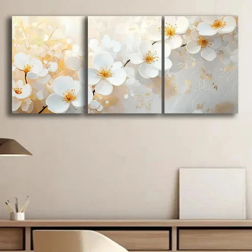 3pcs White Blossoms with Golden Nature Perfect Wall Art Set Canvas Unframed - High Quality Print 100% Australian Made Wall Canvas