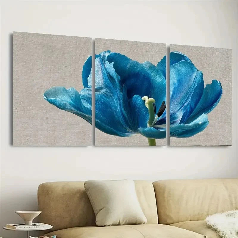 3pcs Blue Tulip Beige Art Tulip Flower Wall Art Set Canvas Framed 40x60cm - High Quality Print 100% Australian Made Wall Canvas Ready to Hang - Bella Home Decor