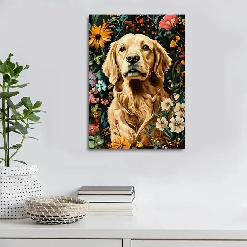 Flowers And Plants Cute Golden Retriever Dog Painting 40x60cm Metal Print Ready to Hang - Bella Home Decor