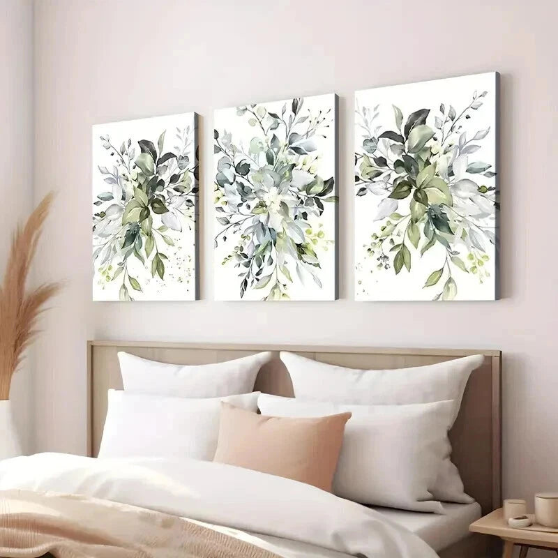 3pcs Elegant Floral Botanical Purple Green Blue Wall Art Set Canvas Framed 50x70cm - High Quality Print 100% Australian Made Wall Canvas Ready to Hang