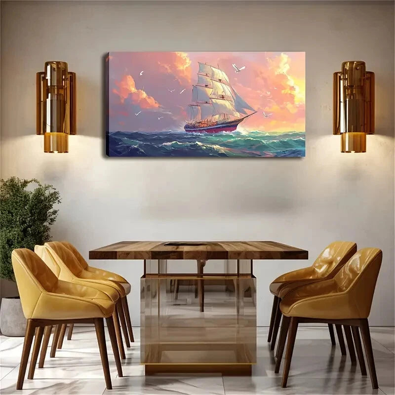 Serene Nautical  Pink Sky Ocean Wall Art Canvas Office Home Room Framed 120x60cm - Bella Home Decor