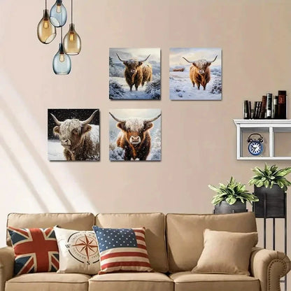 4pcs Vintage Abstract Highland Cow Wall Art Canvas Framed