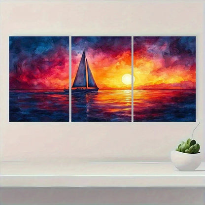 3pcs Sailboat Sunset Nautical Ocean Metal Print Ready to Hang Art - Bella Home Decor