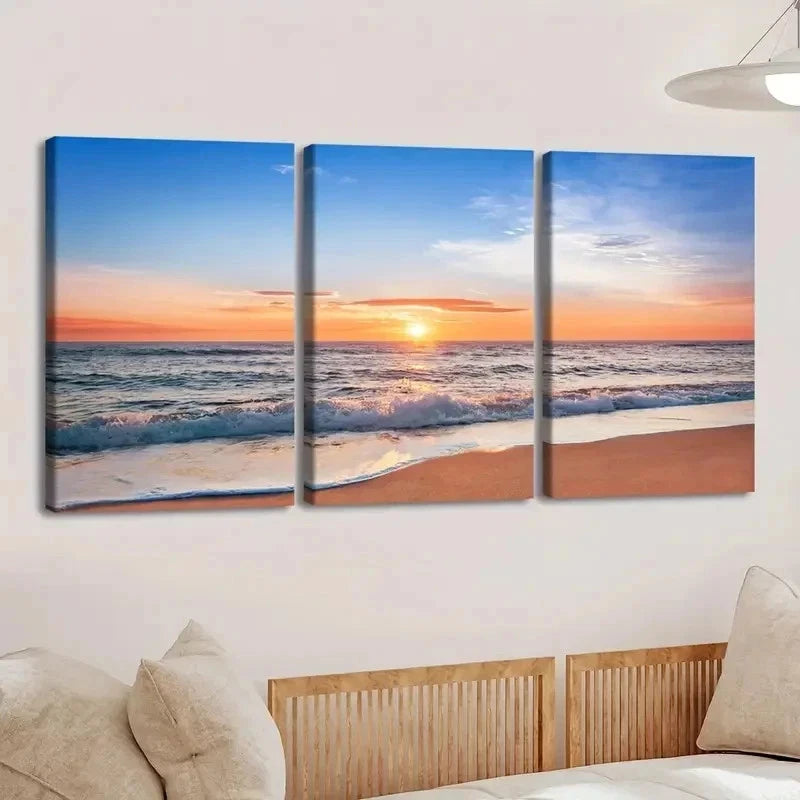 3pcs Beach Sunset Sunrise And Wave Wall Art Set Canvas Framed 40x60cm - High Quality Print 100% Australian Made Wall Canvas Ready to Hang - Bella Home Decor