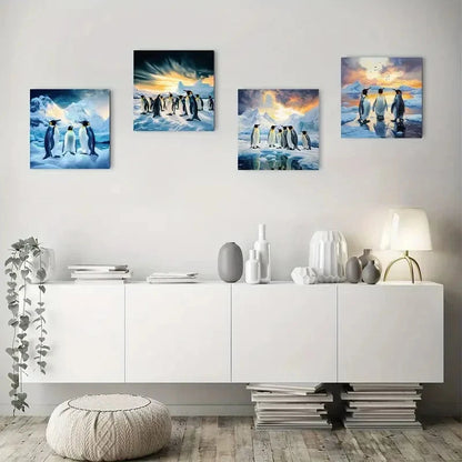 4pcs Penguin Family Wall Art Canvas Framed